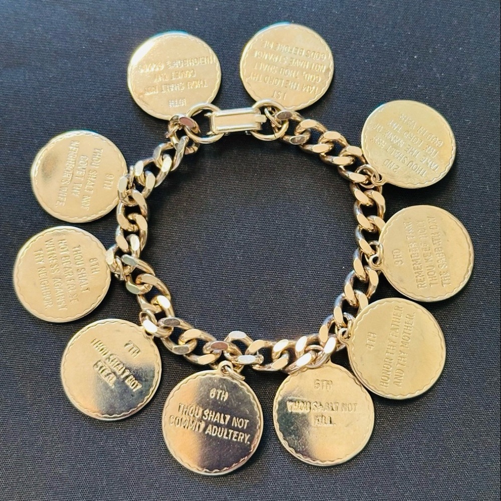 VTG Gold Coin Style 10 Commandments Charm Bracelet Religious Jewelry